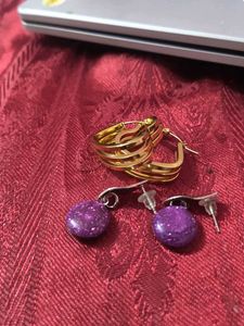 Earrings - Gold Hoops &amp; Purple Glitter Drops