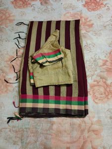 Striped & Checkered Saree with Blouse 🤎