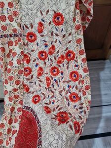Coral Red, And Beige Colour Cotton Dress Gown