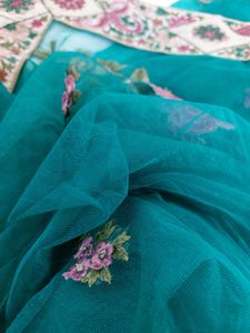 Floral-Paisley Embroidered Teal Green Net Saree