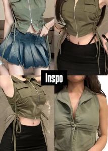 ⋆˚꩜｡ y2k olive green puffed crop vest ⋆˚꩜｡