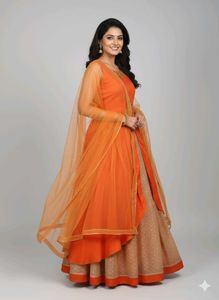 Elegant Orange Ethnic Gown, ghanghara with dupatta