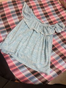 Light Blue Boho Off-Shoulder Pom-Pom Top