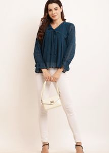 Teal Tie-Neck Pleated Top