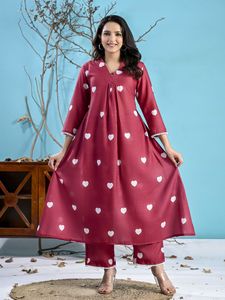 Maroon Heart Print Coord Set