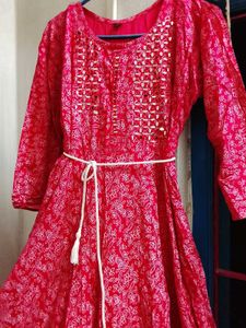 Red Printed Mirror-Work Dress