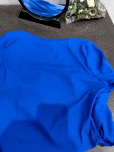 Blue Ribbed Fitted Crop Top