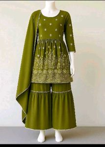 Olive Green Embroidered Garara Kurti with Dupatta