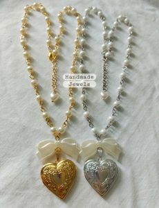 Anime Style Heart Locket Pearl Bow Necklace