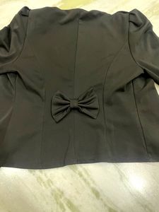 Black Puff Sleeved Party Wear Blazer With Bow