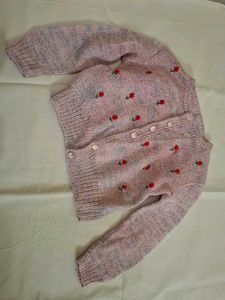 Floral Embroidered Pink Cardigan Hand knitted