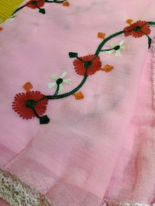 Texture Chiffon Pink ColorThread Embroidery Saree