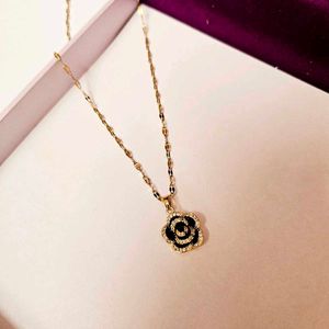 Elegant Black Rose Pendant Necklace Gold