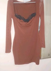 Brown Long Sleeve Mini Dress