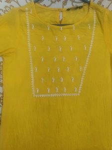 Yellow Kurti With White Embroidery