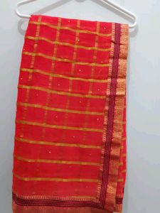 Orange &amp; Gold Checkered Saree