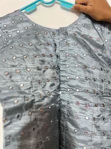 Grey Polka Dot Maxi Skirt With Glass Work Blouse