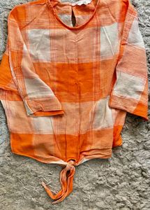 AND Orange Plaid Tie-Front Top