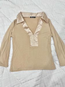 Beige Satin-Collared Blouse