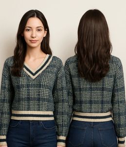 Vintage-Inspired V-Neck Plaid Knit Pullover