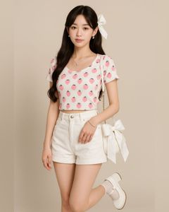 🍓Pastel Strawberry print white A line top🍓