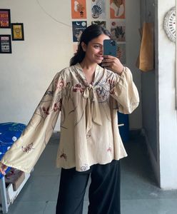 Vintage Floral Tie-Neck Blouse