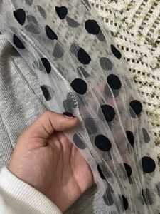 High Neck Grey Top with Polka Dot Sleeves