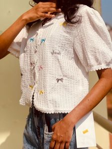 Charming Embroidered Bow Blouse
