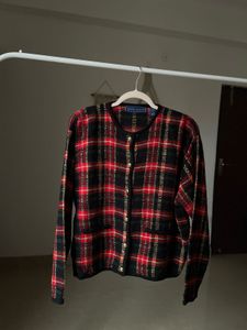 KAREN SCOTT RED CHECKED CARDIGAN