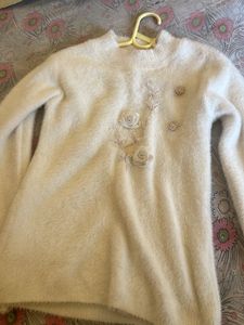White Fuzzy Sweater with Floral Detail