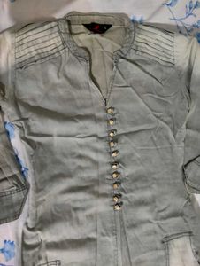 Faded Denim Kurta With Pockets