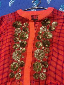 Red Embellished High-Low Kurti