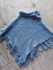 Blue Knitted Poncho with Fringe