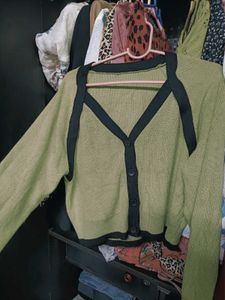 Olive Green Contrast-Trim Knit Cardigan