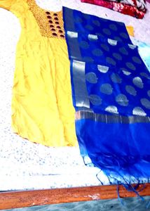 Elegant Blue Banarasi Silk Suit With Sare