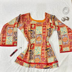 Boho Patchwork Bell Sleeve Short Kurti