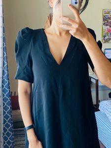 Zara Black Mini Dress With Puff Sleeve Detail