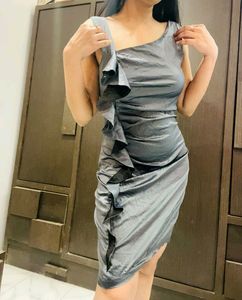 Grey Frill Detailing Beautiful Satin Dress