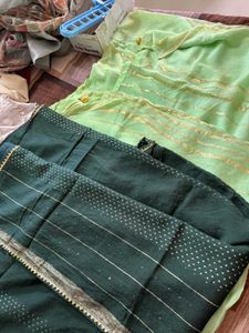 Striped &amp; Dotted Green Sarees (Set of 2)