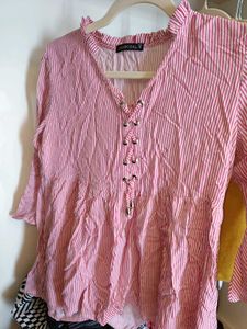 Pink &amp; White Striped Peplum Top