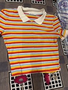 Striped Ribbed Polo Top