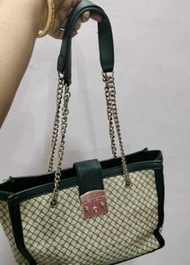Patterned Shoulder Bag with Chain Detail