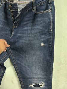 Navy Blue Ribbed Denim Jeans