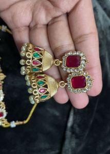 Gold Plated Elegant Lakshmi Devi green beads choke