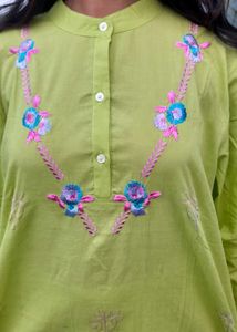 Lime Green Embroidered Kurti Set