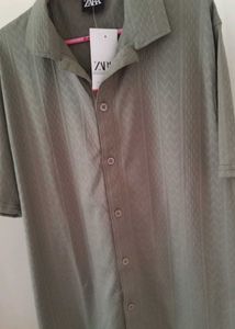 Zara Olive Green Patterned Button-Down Shirt