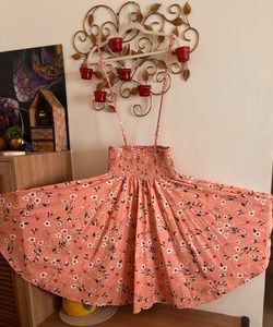 Panit Peach Colored And Green Printed Floral Skirt