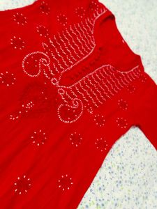 Red  Chikenkari Kurtawith New Saree Free