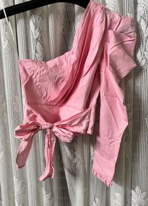 Pink One-Shoulder Puff Sleeve Crop Top