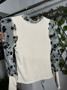 Floral Mesh Sleeve Tie Neck Top